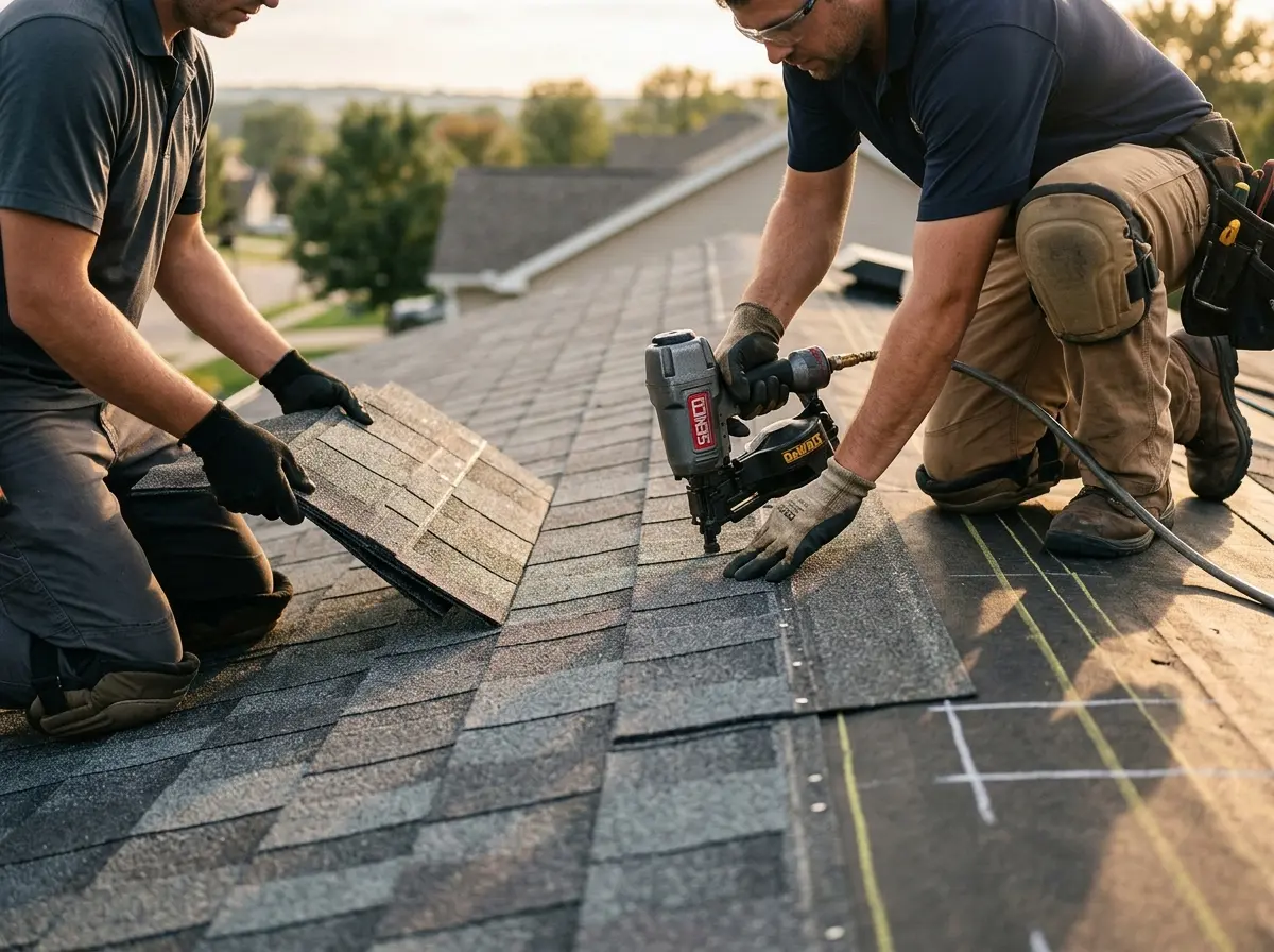 Professional roofer working on a residential roof in Waite Park